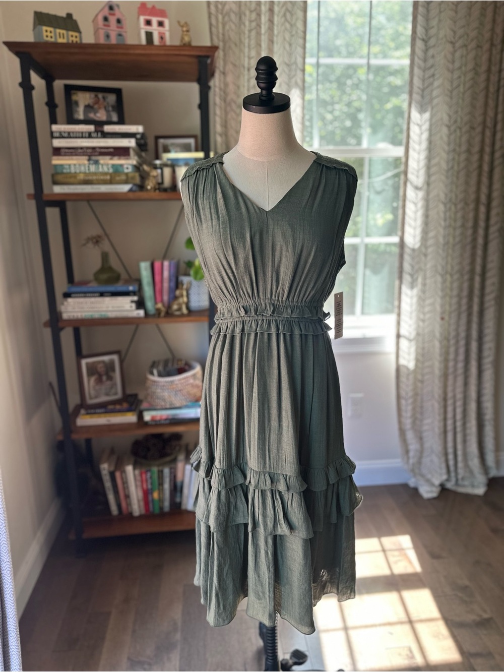 Nanette Lepore Olive Green Tiered V-Neck Midi Dress